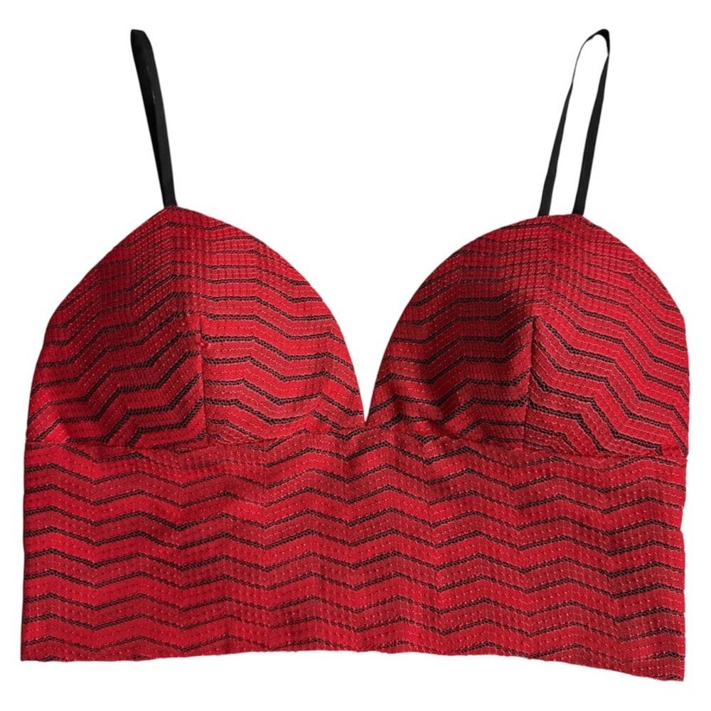 Bebe Bustier Crop Bra Top Red & Black Mesh Lace Adjustable Straps Size Small